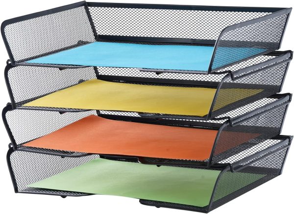 4 Tier Mesh Stackable File Trays Letter Trays,Office Paper Organizer for Desk,File Organizers and Storage,Black