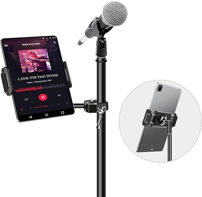 elitehood Newest Aluminum iPad Holder for Mic Stand, Side Mount iPad Music Stand Holder for Microphone, 360° Swivel Tilt Adjustable Mic Stand Tablet Holder for iPad, iPhone and More 4-13in Tablet - Image 7