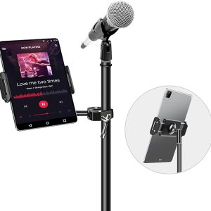 elitehood Newest Aluminum iPad Holder for Mic Stand, Side Mount iPad Music Stand Holder for Microphone, 360° Swivel Tilt Adjustable Mic Stand Tablet Holder for iPad, iPhone and More 4-13in Tablet