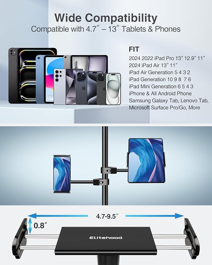 elitehood Newest Aluminum iPad Holder for Mic Stand, Side Mount iPad Music Stand Holder for Microphone, 360° Swivel Tilt Adjustable Mic Stand Tablet Holder for iPad, iPhone and More 4-13in Tablet - Image 3