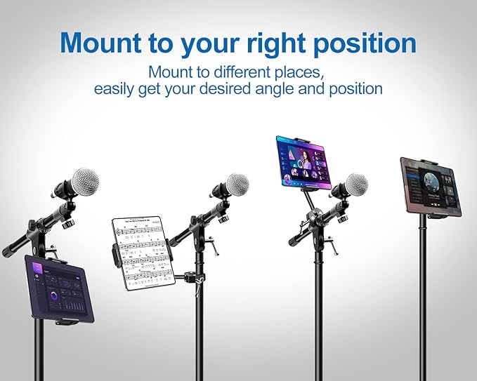 elitehood Newest Aluminum iPad Holder for Mic Stand, Side Mount iPad Music Stand Holder for Microphone, 360° Swivel Tilt Adjustable Mic Stand Tablet Holder for iPad, iPhone and More 4-13in Tablet - Image 6