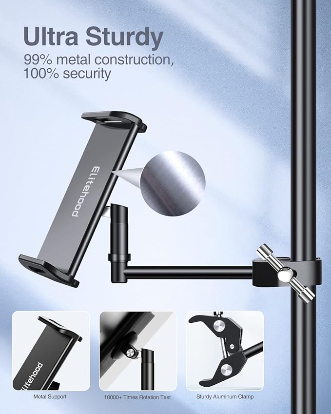 elitehood Newest Aluminum iPad Holder for Mic Stand, Side Mount iPad Music Stand Holder for Microphone, 360° Swivel Tilt Adjustable Mic Stand Tablet Holder for iPad, iPhone and More 4-13in Tablet - Image 5