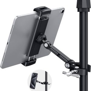 CreaDream Tablet Holder for Microphone Stand, Aluminum Mic Music Stand Holder Mount for Phone and iPad, Adjustable Tablet Holder Compatible with Devices from 4.7 to 12.9 inch Tablets & Smartphones