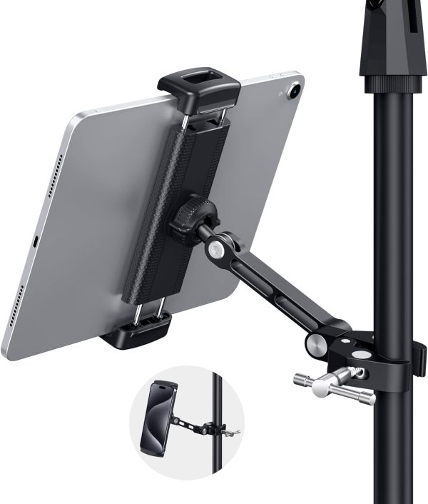 CreaDream Tablet Holder for Microphone Stand, Aluminum Mic Music Stand Holder Mount for Phone and iPad, Adjustable Tablet Holder Compatible with Devices from 4.7 to 12.9 inch Tablets & Smartphones