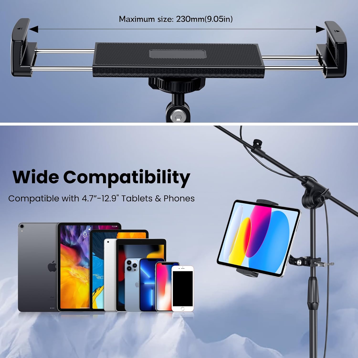 CreaDream Tablet Holder for Microphone Stand, Aluminum Mic Music Stand Holder Mount for Phone and iPad, Adjustable Tablet Holder Compatible with Devices from 4.7 to 12.9 inch Tablets & Smartphones - Image 4