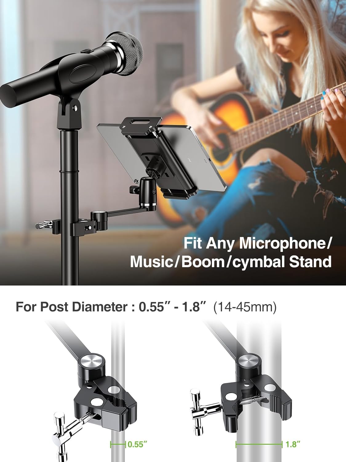 elitehood 8.5in Long Arm iPad Holder for Mic Stand, 360° Adjustable Aluminum Mic Stand Tablet Holder, Microphone Music Stand Mount & 1/4 iPad Tripod Mount for iPad, iPhone, Android 4-13in Tablets - Image 5