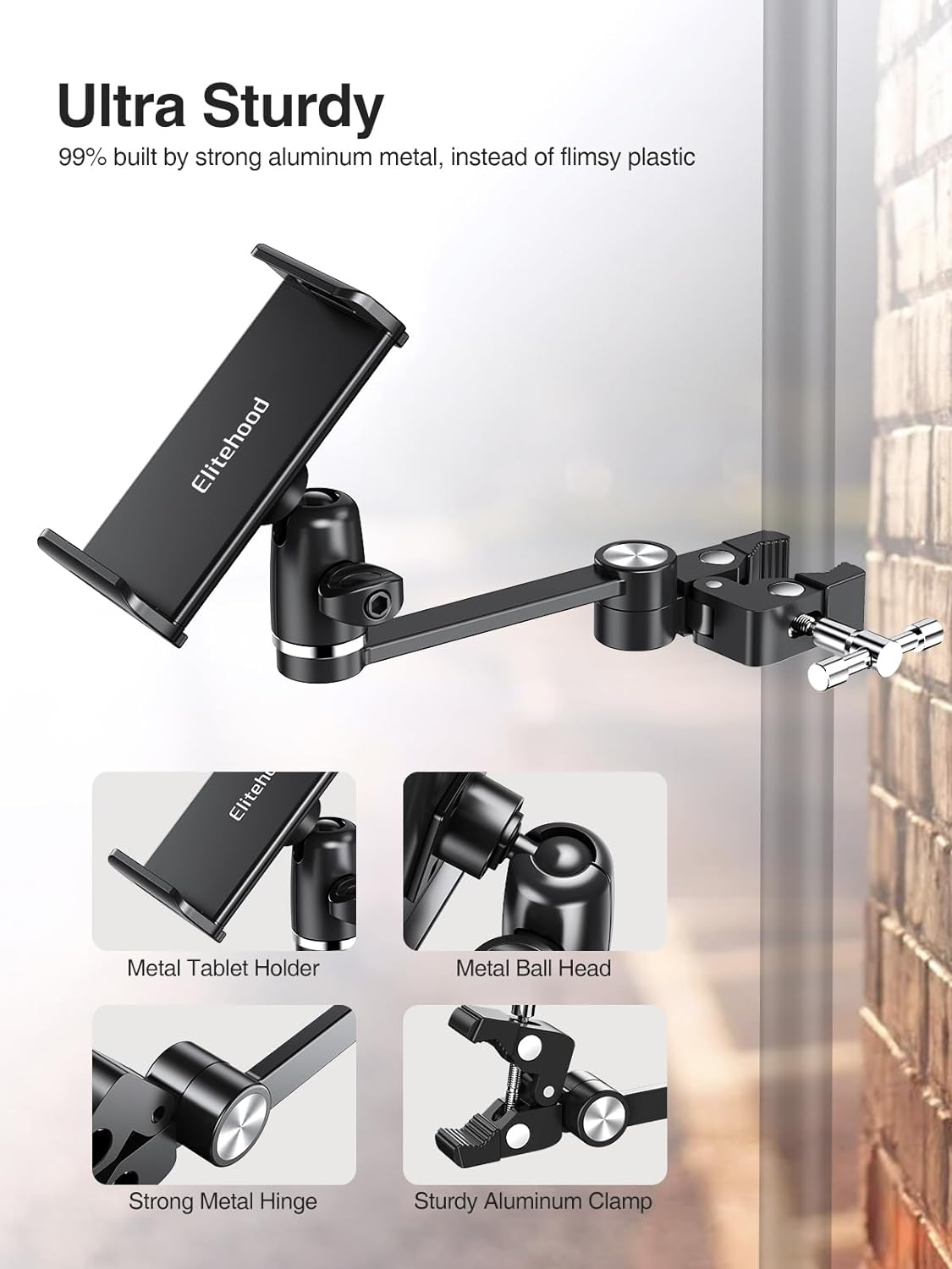 elitehood 8.5in Long Arm iPad Holder for Mic Stand, 360° Adjustable Aluminum Mic Stand Tablet Holder, Microphone Music Stand Mount & 1/4 iPad Tripod Mount for iPad, iPhone, Android 4-13in Tablets - Image 6