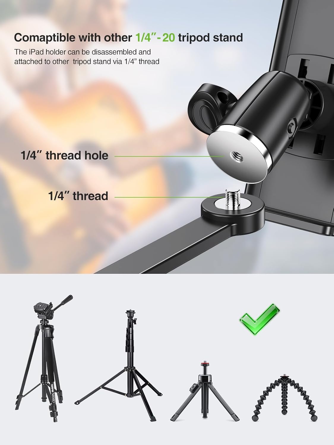 elitehood 8.5in Long Arm iPad Holder for Mic Stand, 360° Adjustable Aluminum Mic Stand Tablet Holder, Microphone Music Stand Mount & 1/4 iPad Tripod Mount for iPad, iPhone, Android 4-13in Tablets - Image 7