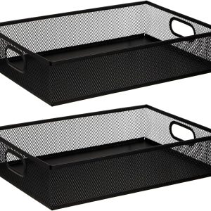 Elsjoy 2 Pack Desk Drawer Organizer Tray, Metal Mesh Desktop Storage Tray Office File Organizer with Handle, Portable Large Storage Basket for Office Supplies, Craft, Magazine, Paper